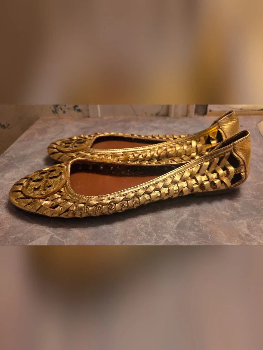 Tory Burch Gold Woven Leather Ballet Flats
